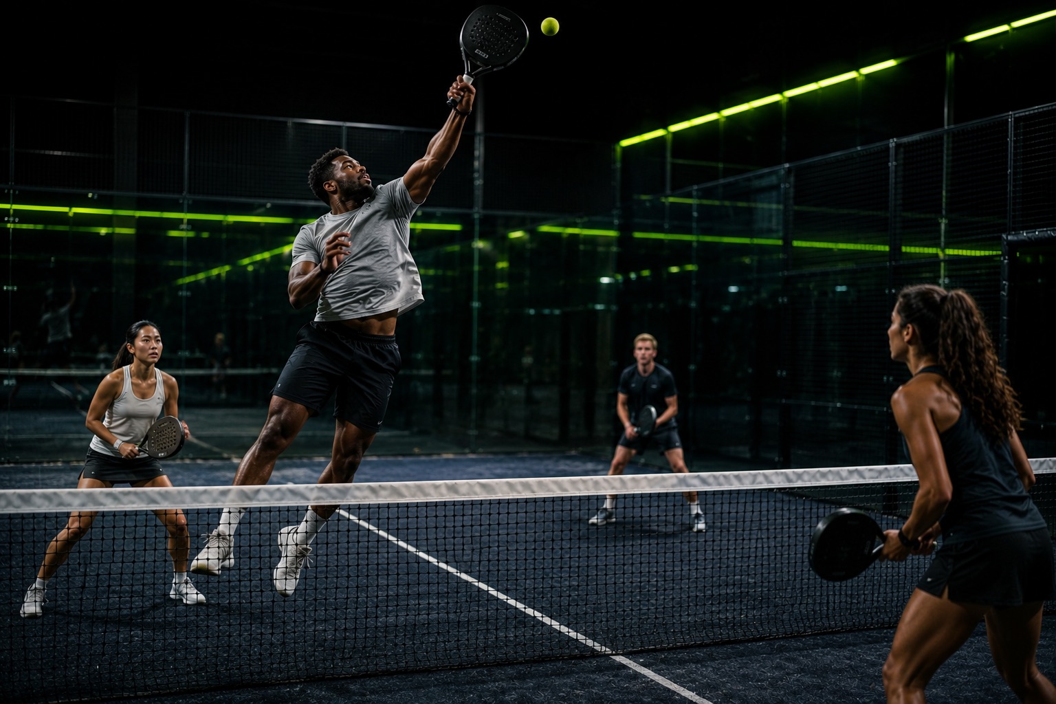 Padel-Spieler am Netz eines Panorama-Courts